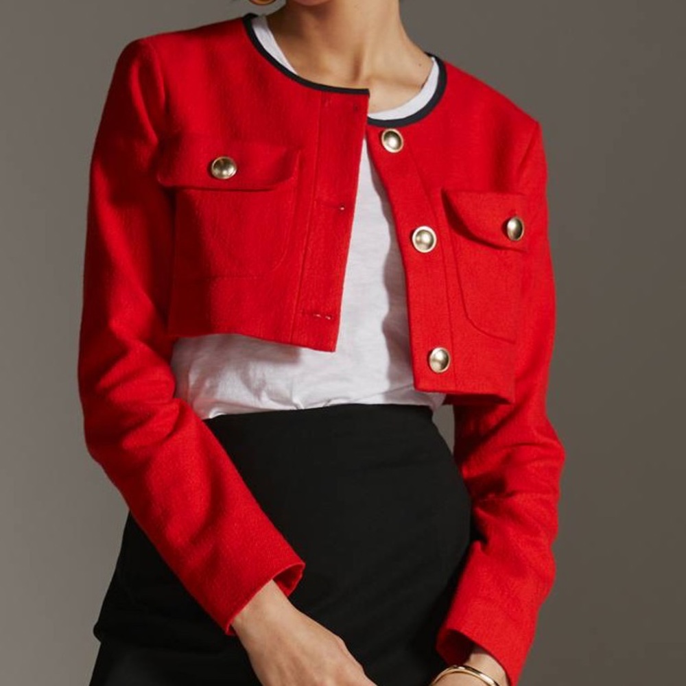 Anthropologie Meave Tweed Red Cropped Button-Front Blazer Women's Jacket NWT